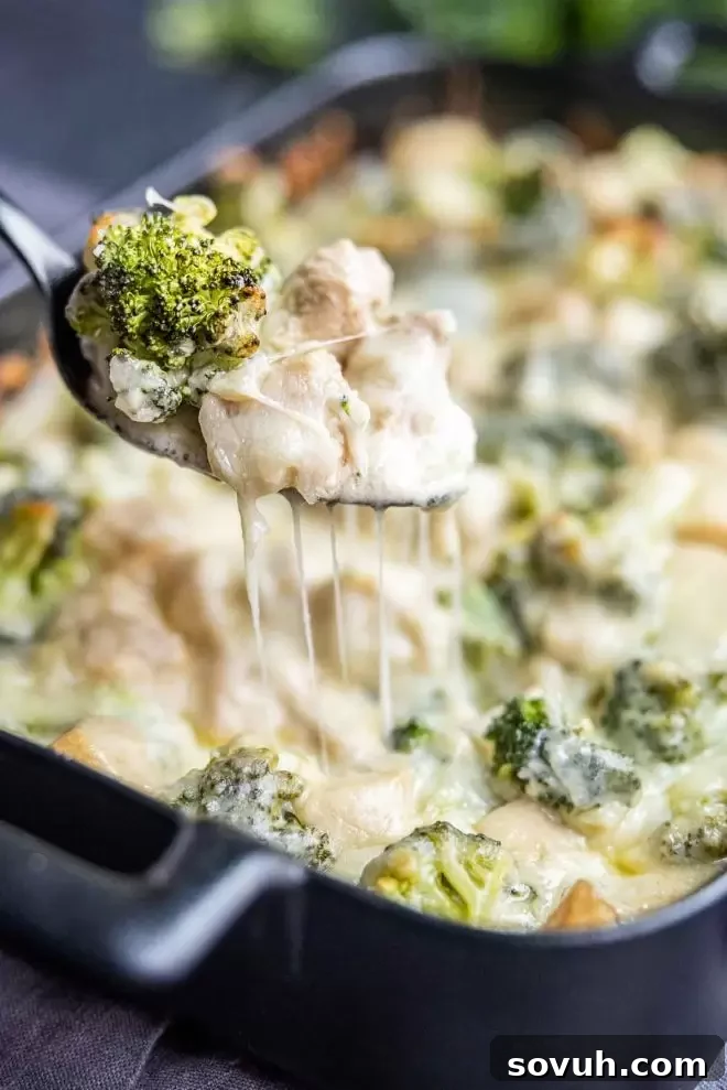 Close-up of a cheesy Keto Chicken and Broccoli Alfredo Casserole with a spoon