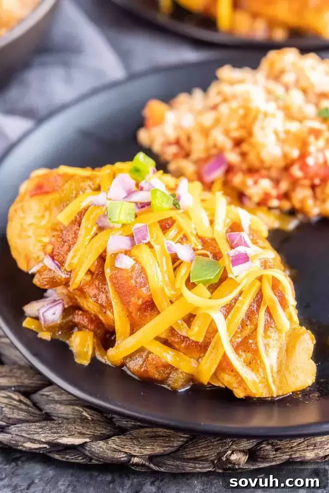 Instant Pot Salsa Chicken breast on a plate topped with melted cheese and fresh cilantro, ready to be served