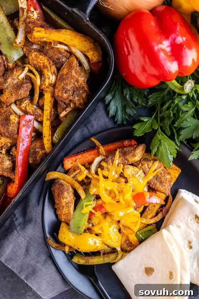 One-Pan Chicken Fajita Bake 5 Plated Oven Chicken Fajitas with warm tortillas and fresh toppings