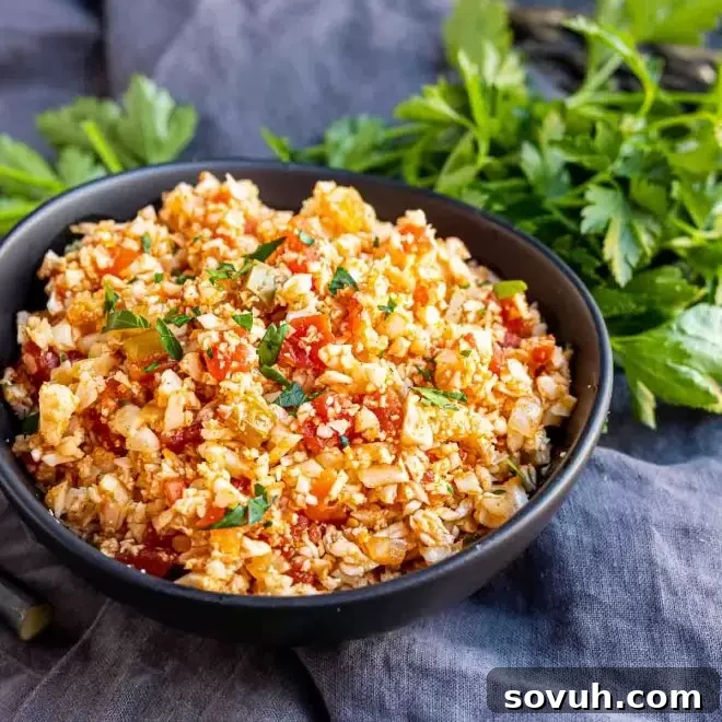 Spanish Fiesta Keto Cauliflower Rice 2 A dark bowl filled with Keto Cauliflower Spanish Rice, garnished with fresh parsley, ready to be served as a healthy, low-carb side dish for any Mexican-inspired meal.