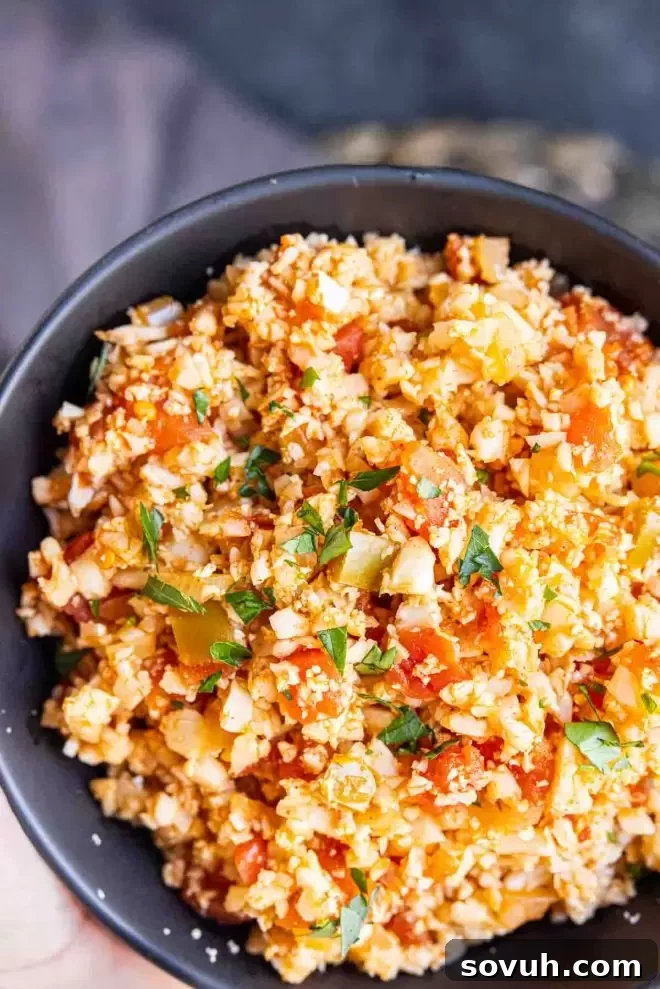 Spanish Fiesta Keto Cauliflower Rice 6 A close-up of a dark bowl filled with Keto Cauliflower Spanish Rice, showcasing its rich red hue and fluffy texture, ready to be enjoyed as a wholesome, low-carb meal.