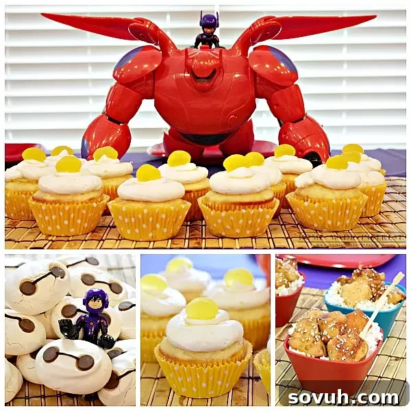 A collage of delicious and themed Big Hero 6 party foods, including Honey Lemon cupcakes, San Fransokyo Teriyaki bowls, and Baymax cookies.