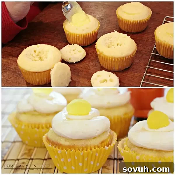 Delicious Honey Lemon cupcakes with lemon pudding filling, white frosting, honey drizzle, and a lemon drop candy top, perfect for a Big Hero 6 party.