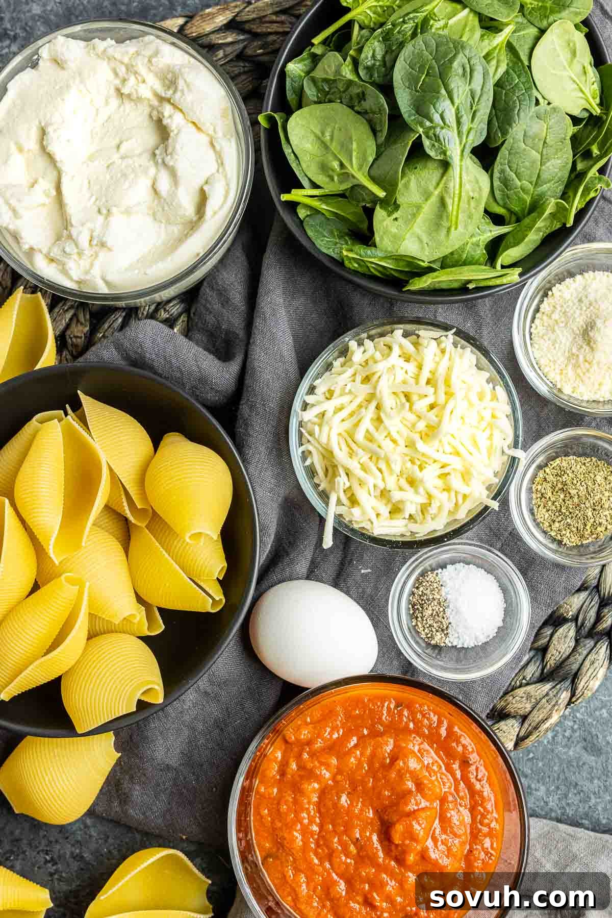 ingredients to make Spinach and Ricotta Stuffed Shells