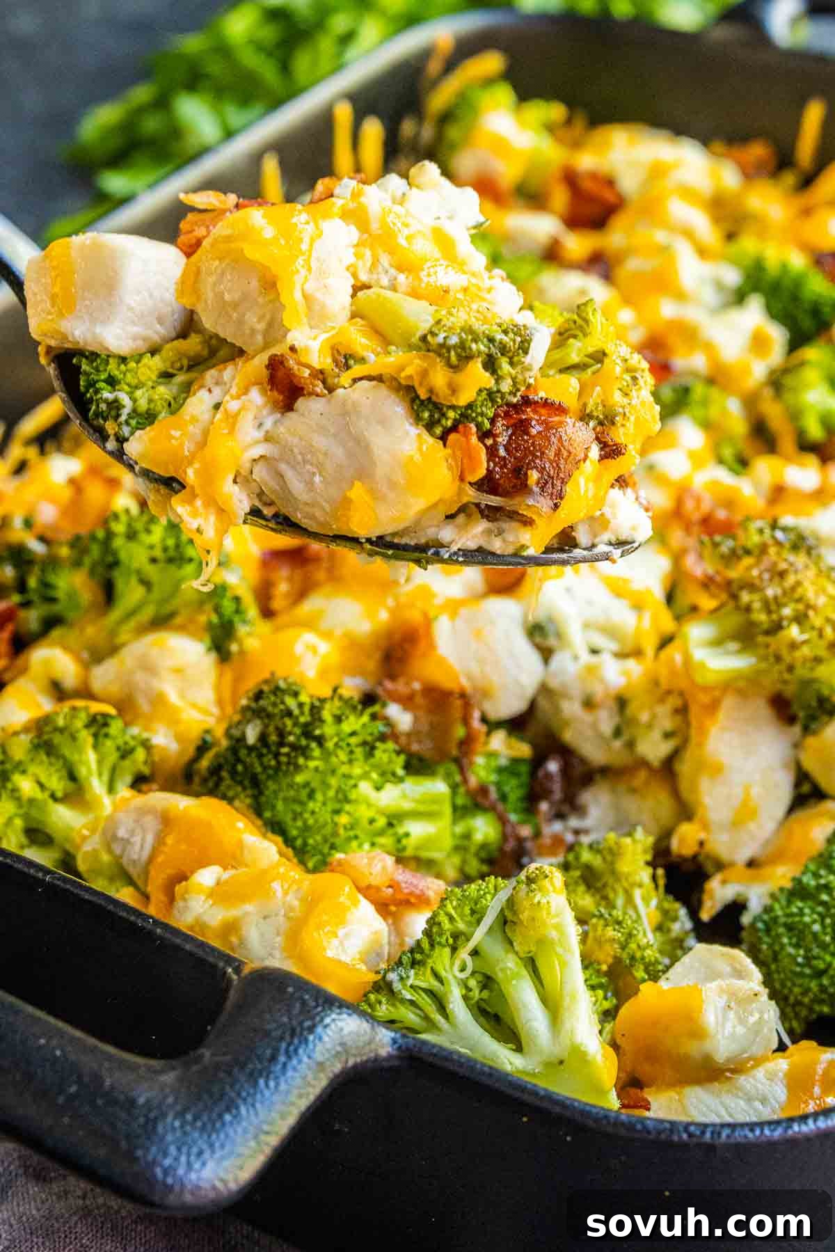 A serving of Keto Chicken Bacon Ranch Casserole on a plate with a fork, showing the creamy, cheesy layers and chunky ingredients