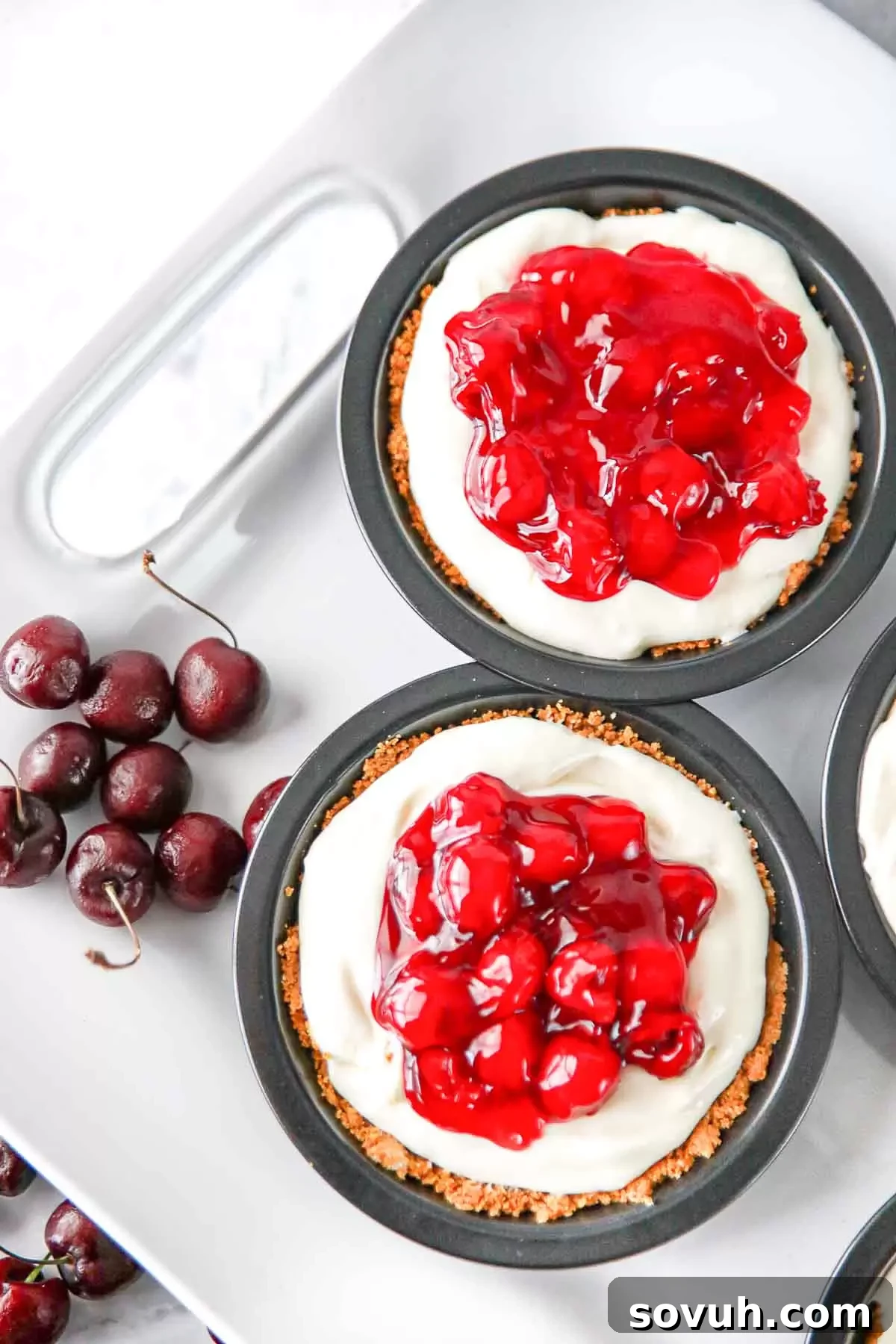 Four mini No Bake Cherry Cheesecakes on a platter, garnished with fresh cherries, ready to serve.