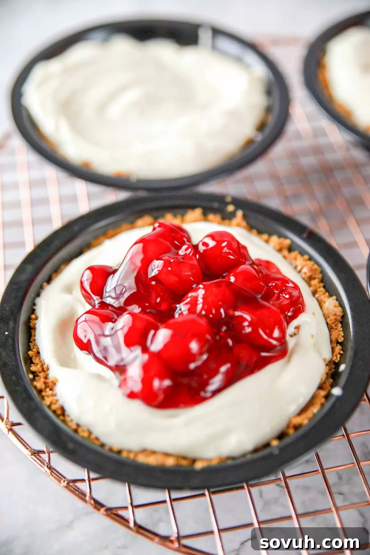 A single mini No Bake Cherry Cheesecake resting on a cooling rack, showing its simple yet elegant presentation before topping.