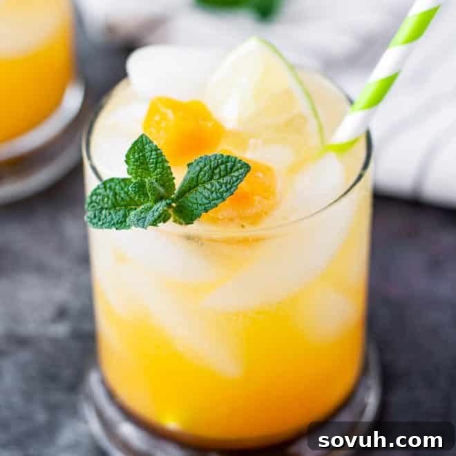 A vibrant Passion Fruit Mojito in a tall glass, garnished with mint and lime, ready to be enjoyed.