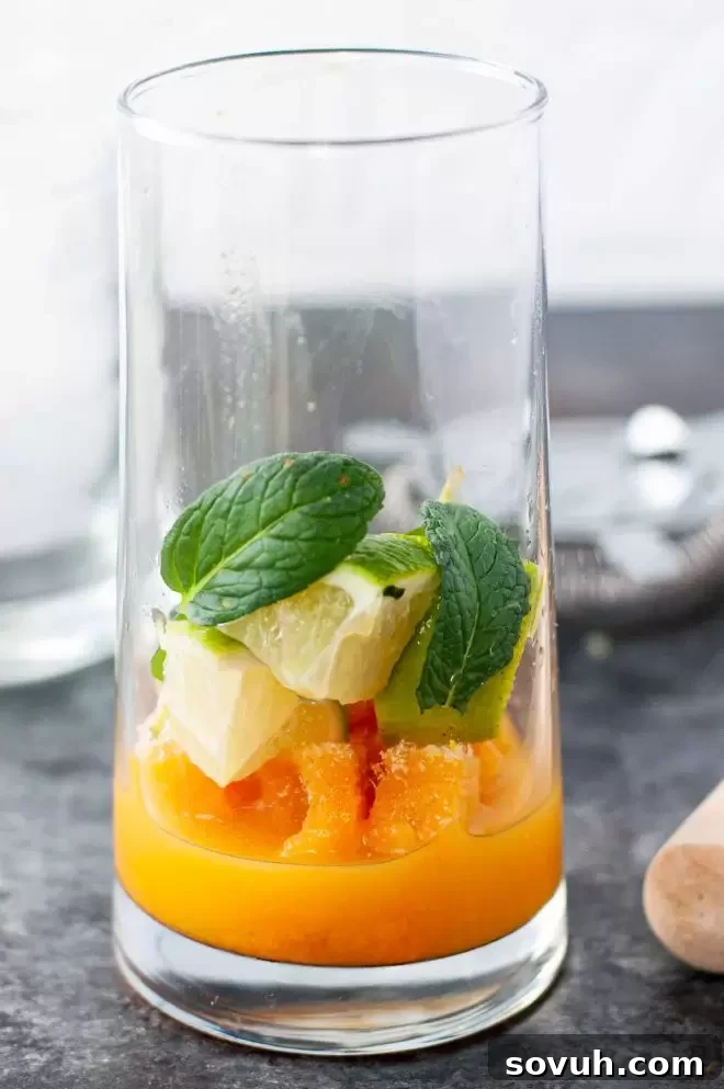 Step-by-step image illustrating the preparation of a Passion Fruit Mojito, focusing on combining ingredients.