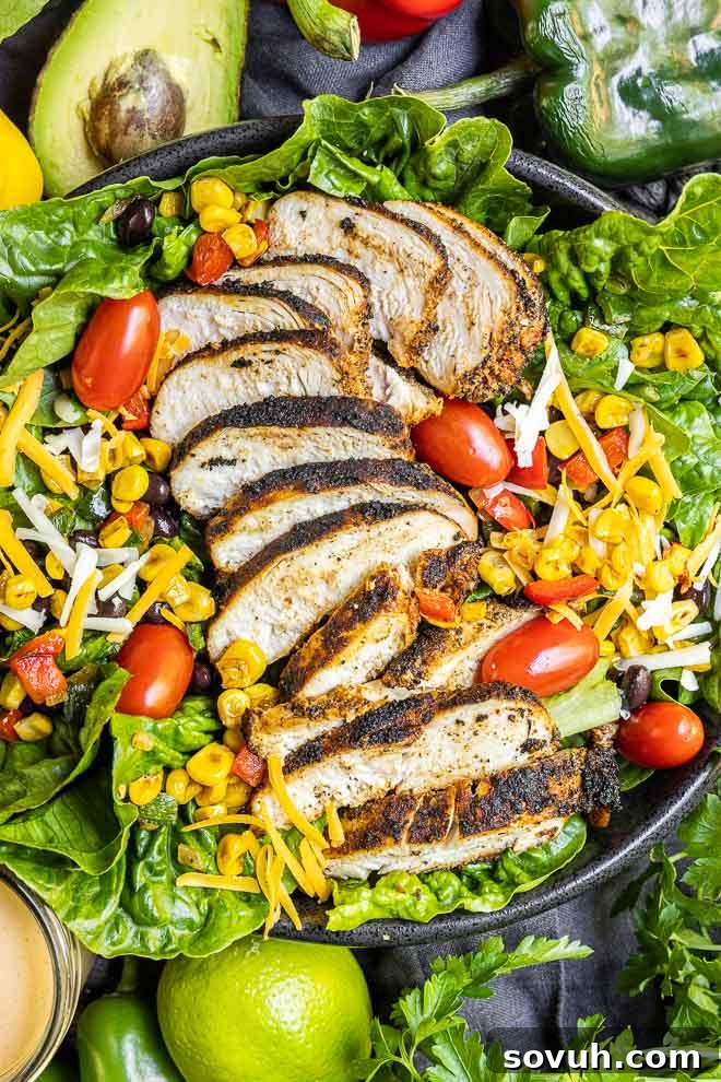 juicy Blackened Chicken on top of a southwest salad