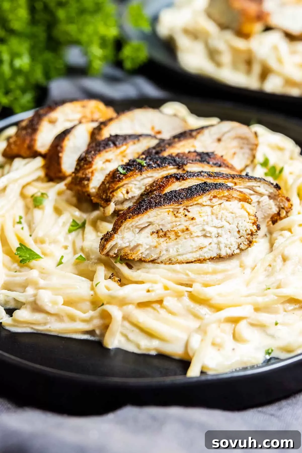 A serving of Keto Cajun Chicken Alfredo Pasta generously plated and ready to enjoy.