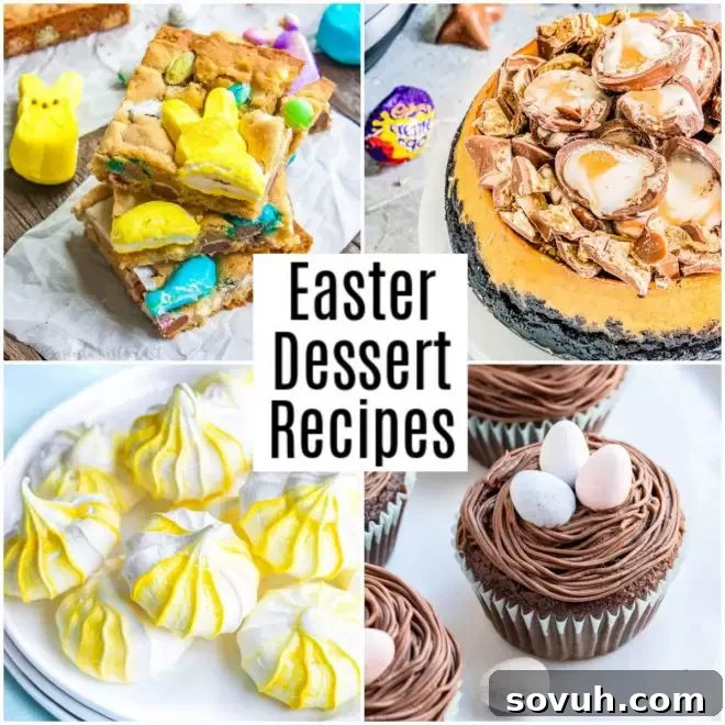 A vibrant display of various Easter desserts including cakes, pies, cookies, and candy-themed treats, perfect for holiday celebrations.