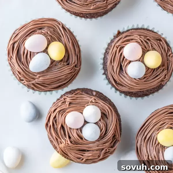 Adorable Bird’s Nest Easter Cupcakes, decorated to look like bird nests with mini eggs, a perfect kids' dessert.