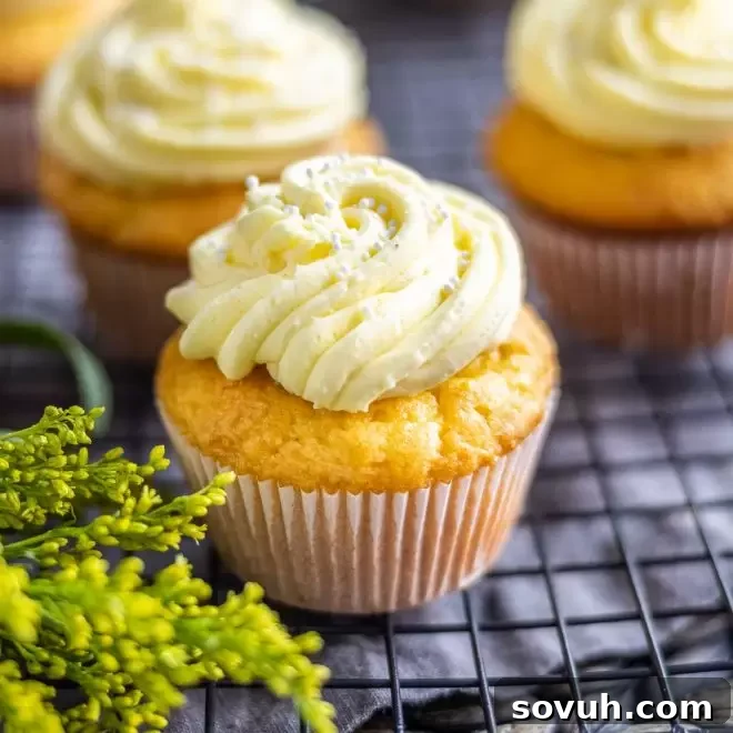 Close-up of a single fluffy Lemon Cupcake with white sprinkles on top, looking fresh and inviting.