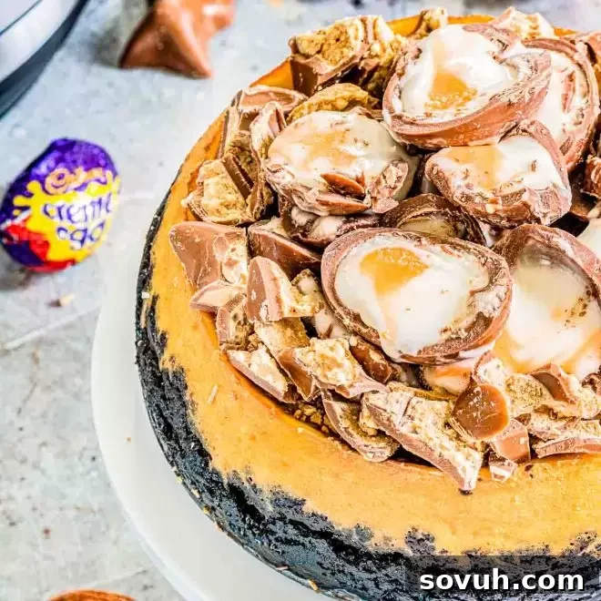Instant Pot Easter Egg Cheesecake topped with Cadbury Creme Eggs, colorful and festive.