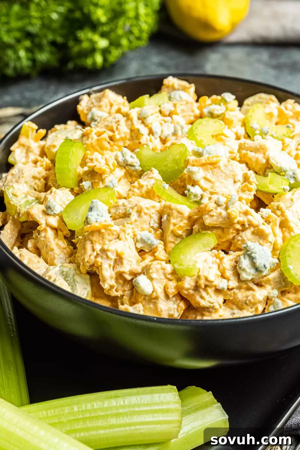 Buffalo Chicken Salad in a black bowl, garnished with a sprig of celery, ready to be served.