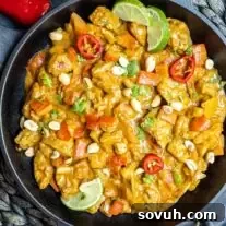 Keto Peanut Butter Chicken in a cast iron skillet