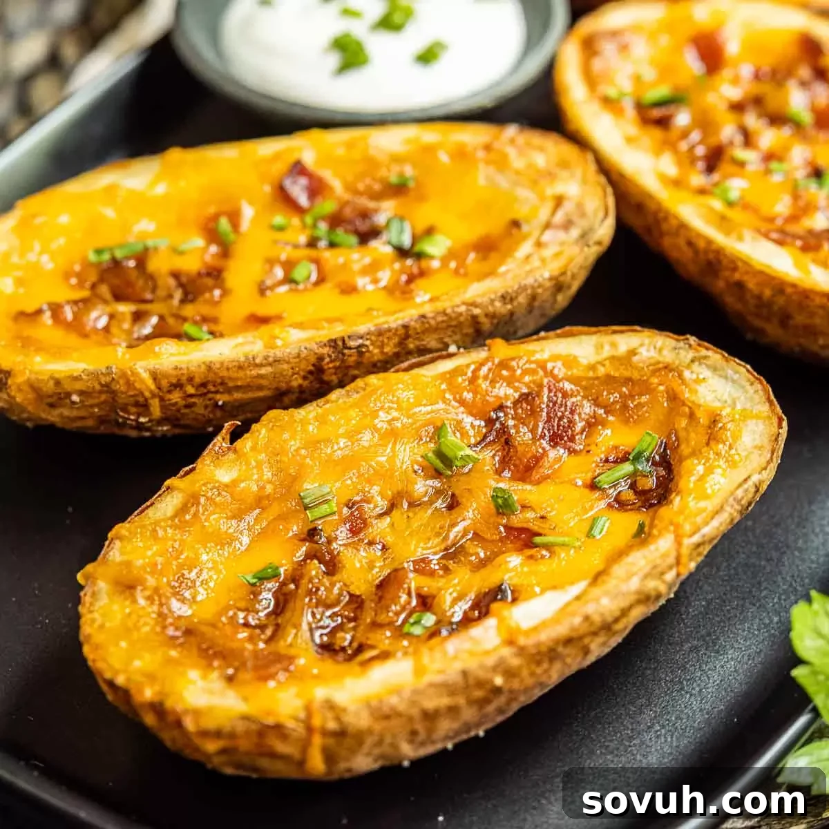 Air Fryer Potato Skins on a black plate