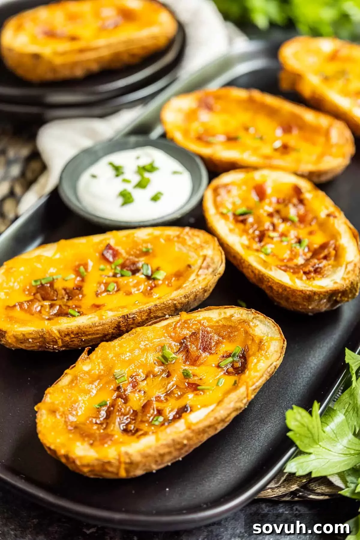 Air Fryer Potato Skins on a black platter