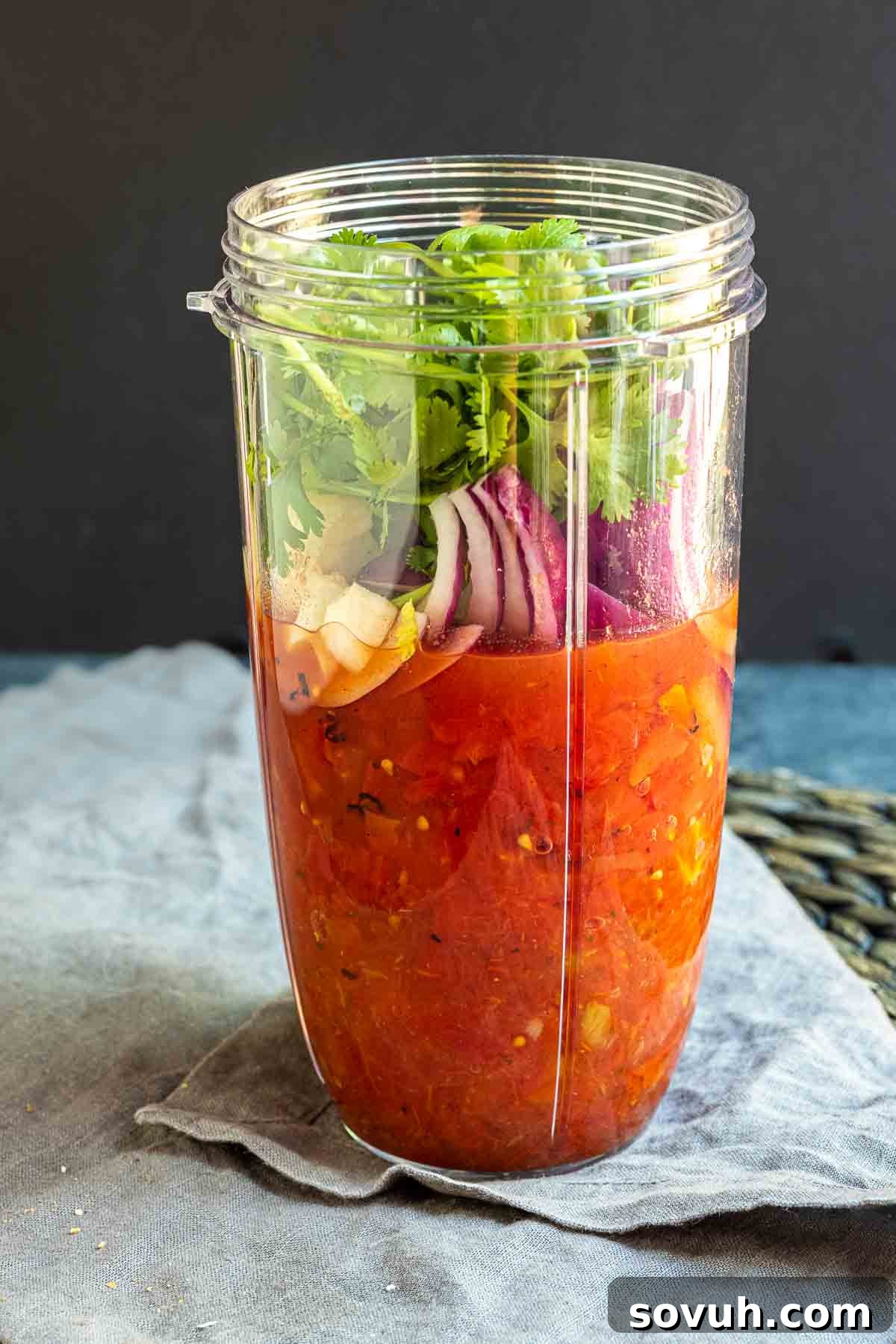 All the Rotel salsa ingredients are in a blender, ready to be processed into a smooth, restaurant-style consistency.