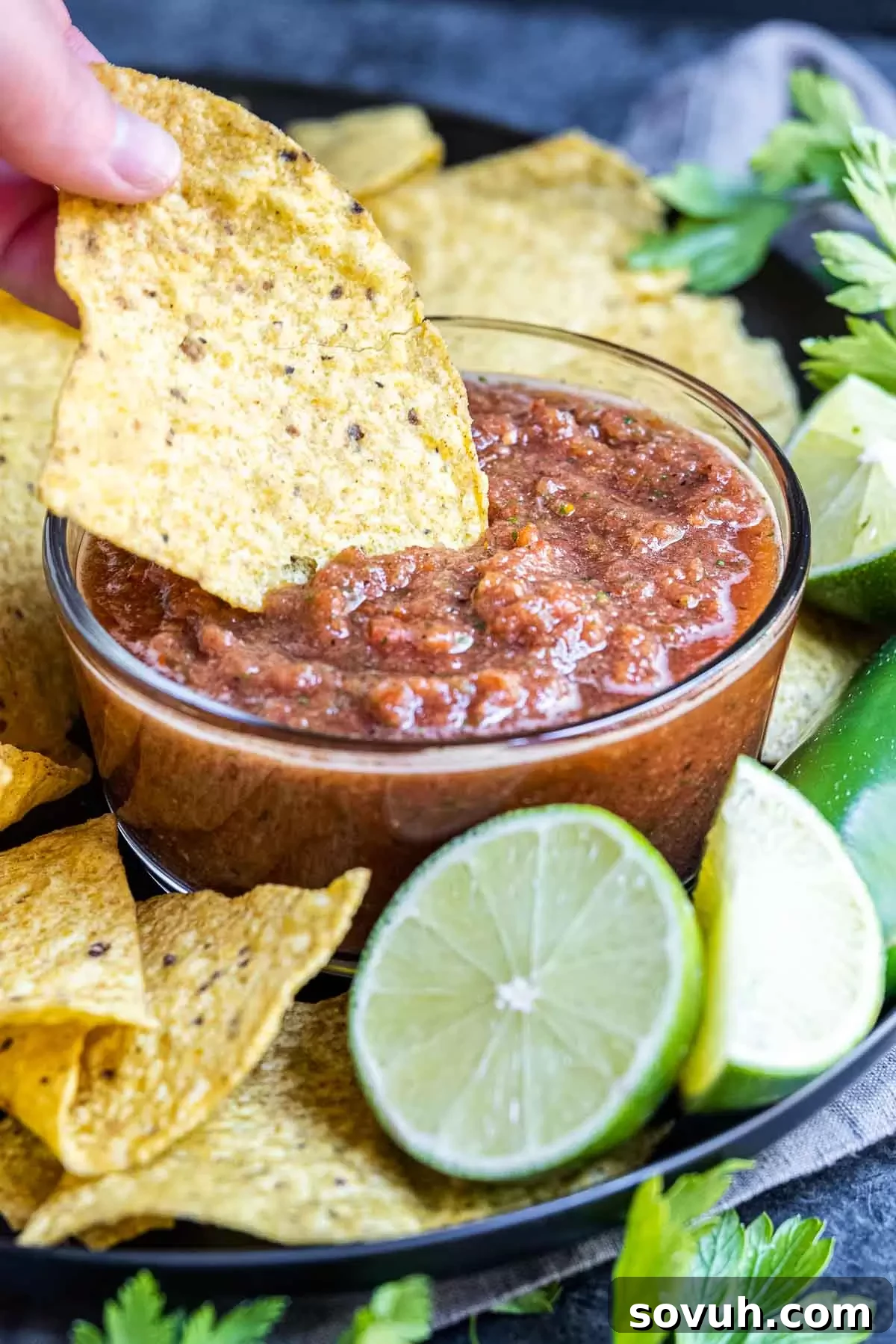 A tortilla chip generously loaded with smooth, vibrant restaurant-style salsa, held above the bowl.