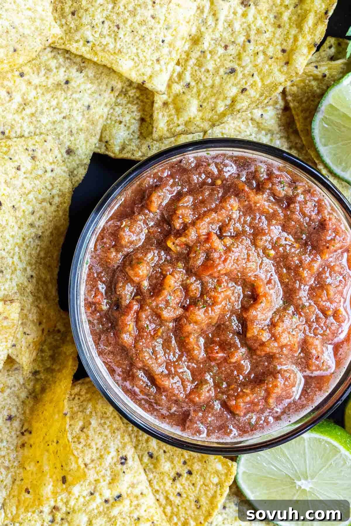 A large bowl of restaurant-style Rotel salsa surrounded by a generous pile of crispy tortilla chips, inviting indulgence.