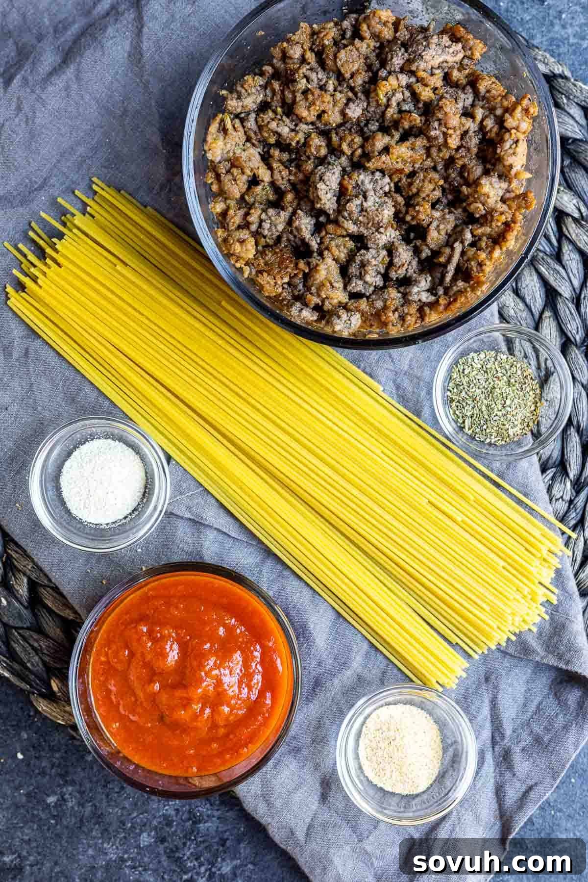 Effortless Instant Pot Spaghetti 3 Ingredients laid out for Instant Pot Spaghetti preparation