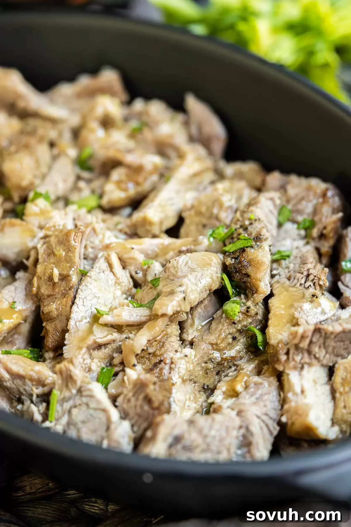 Instant Pot Pork Roast in platter, ready to be served