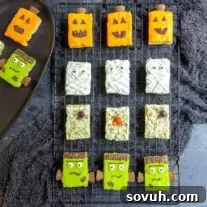 4 types of Halloween Rice Krispies Treats on a wire cooling rack