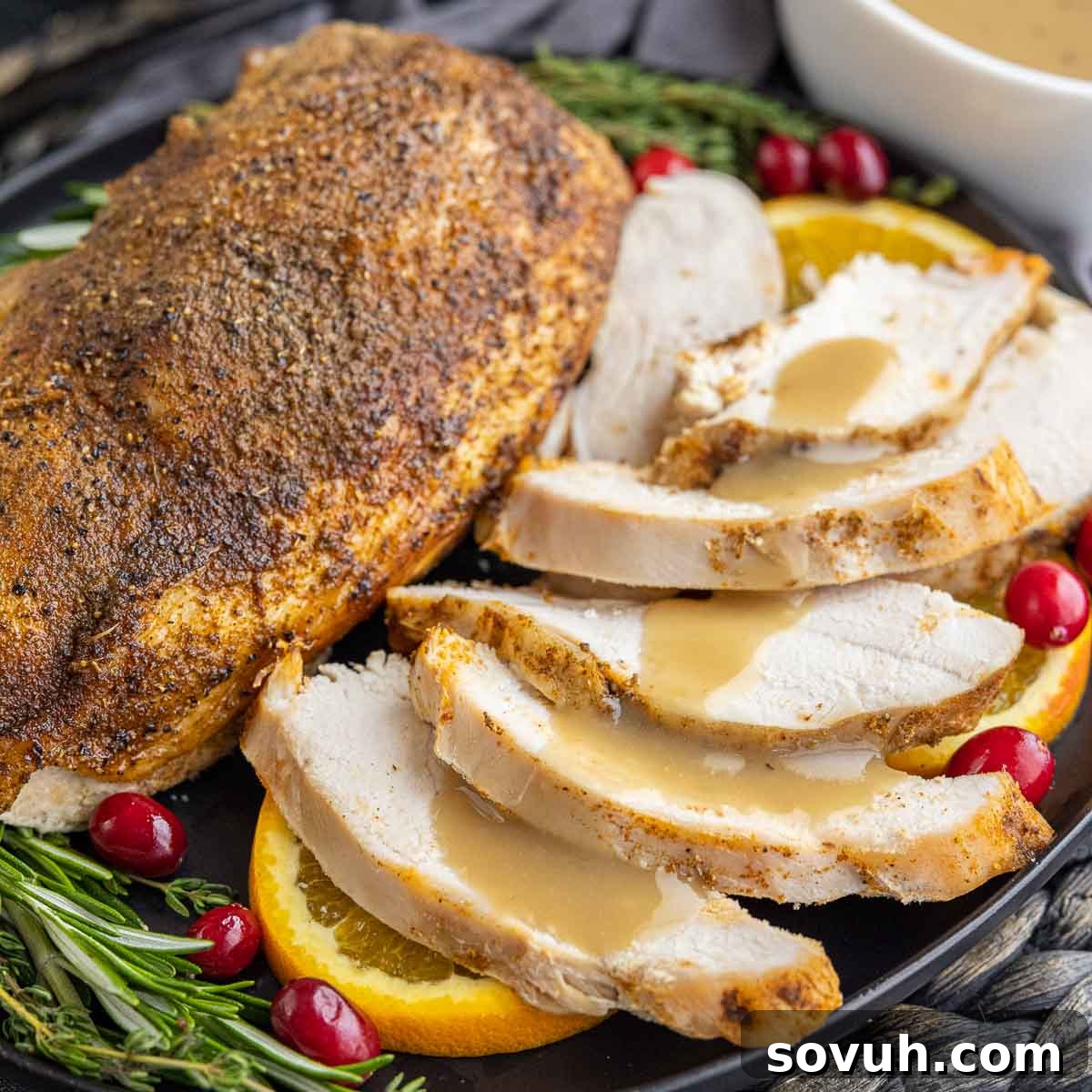 sliced Slow Cooker Turkey Breast on a plate with gravy