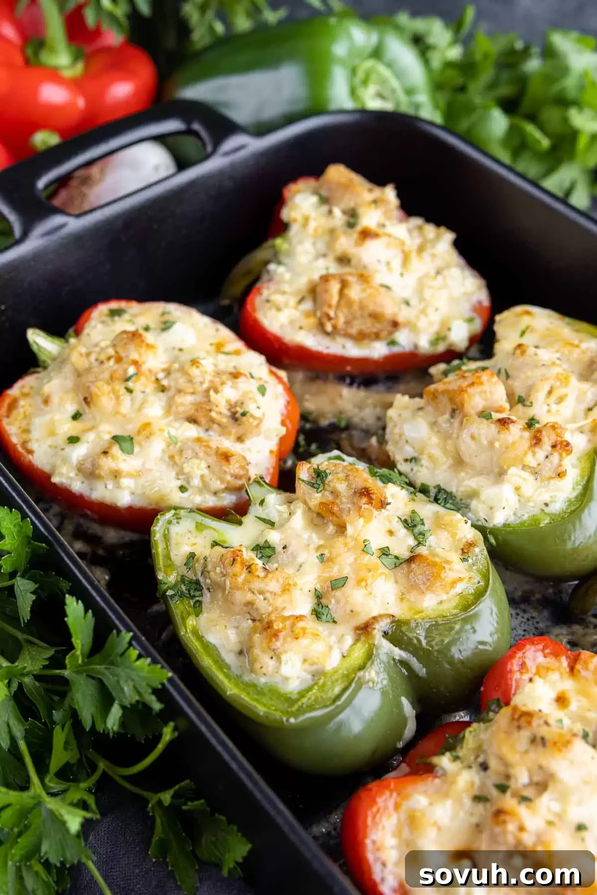 Creamy Keto Chicken Alfredo Stuffed Peppers 4 Beautifully baked Keto Chicken Alfredo Stuffed Peppers arranged in a baking dish, golden and bubbly