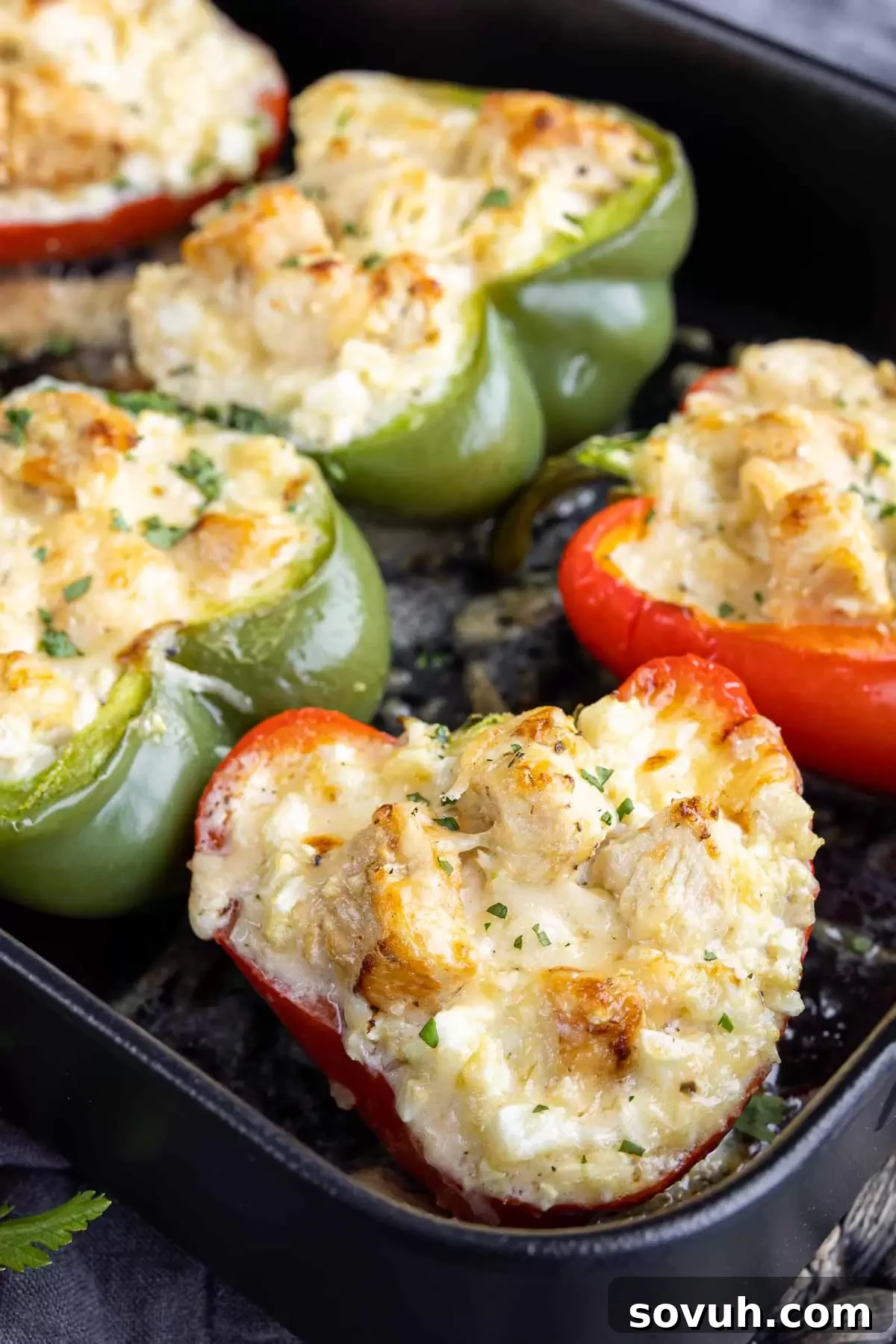 Creamy Keto Chicken Alfredo Stuffed Peppers 5 Keto Chicken Alfredo Stuffed Peppers baked to perfection in a ceramic casserole dish, ready to be served