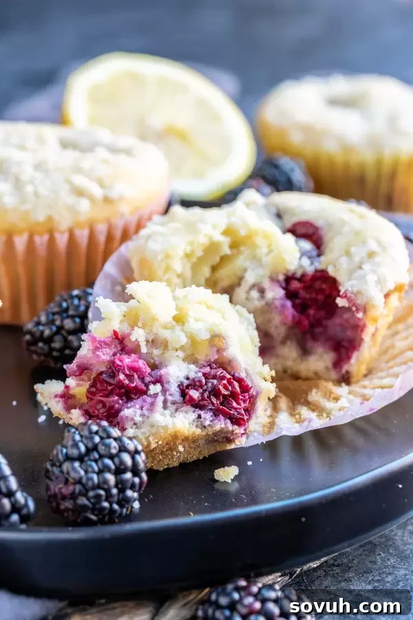 A close-up of a moist Blackberry Lemon Muffin, revealing its tender crumb and the generous distribution of juicy blackberries inside, topped with crumbly streusel.