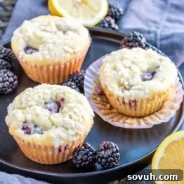 plate with Blackberry Lemon Muffins with blackberries