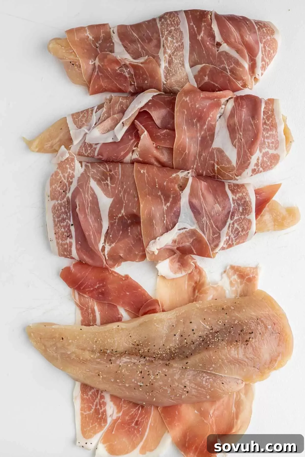 Step-by-step preparation of Prosciutto Wrapped Chicken, showing chicken breasts being wrapped.