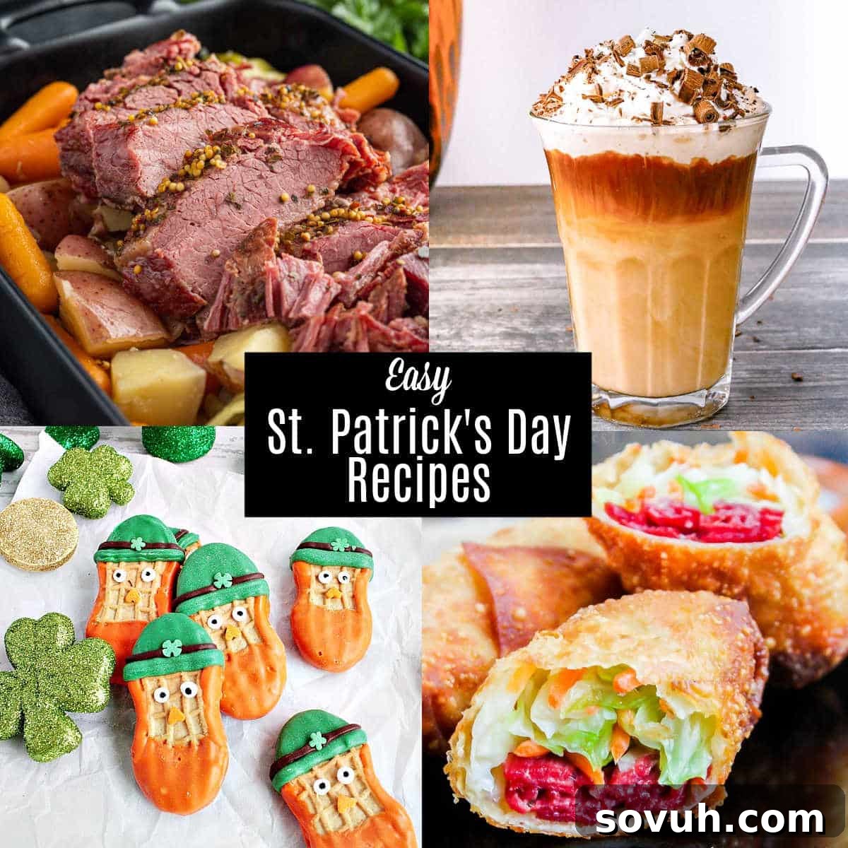 A vibrant collage of easy St. Patrick's Day recipes including corned beef, potato bites, Irish coffee, and green desserts, perfect for celebration.