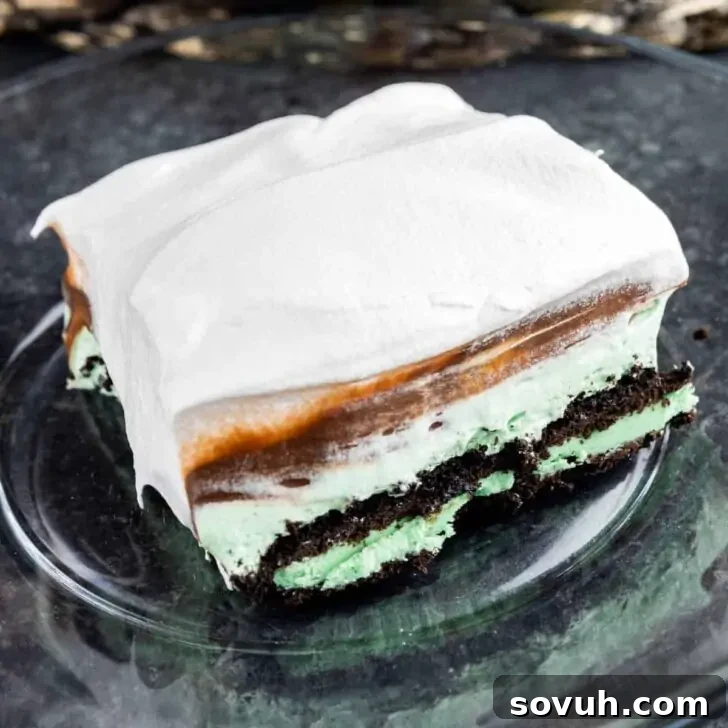 A delectable piece of mint Oreo layered dessert, showcasing distinct green and white layers, served on a plate.