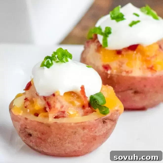 Two delightful mini Irish potato bites, generously stuffed with cheese and corned beef, presented on a pristine white plate.