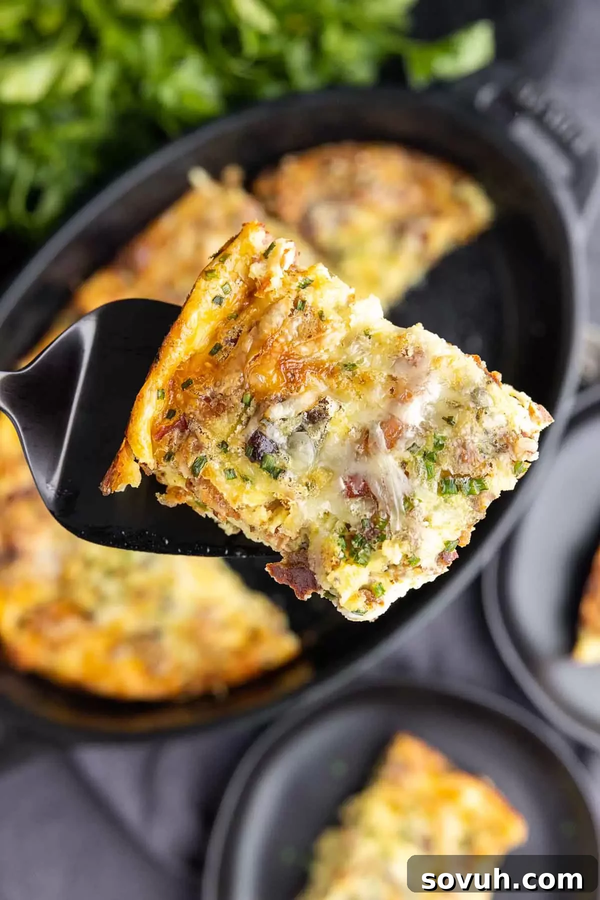 slice of quiche Lorraine on a black pie server