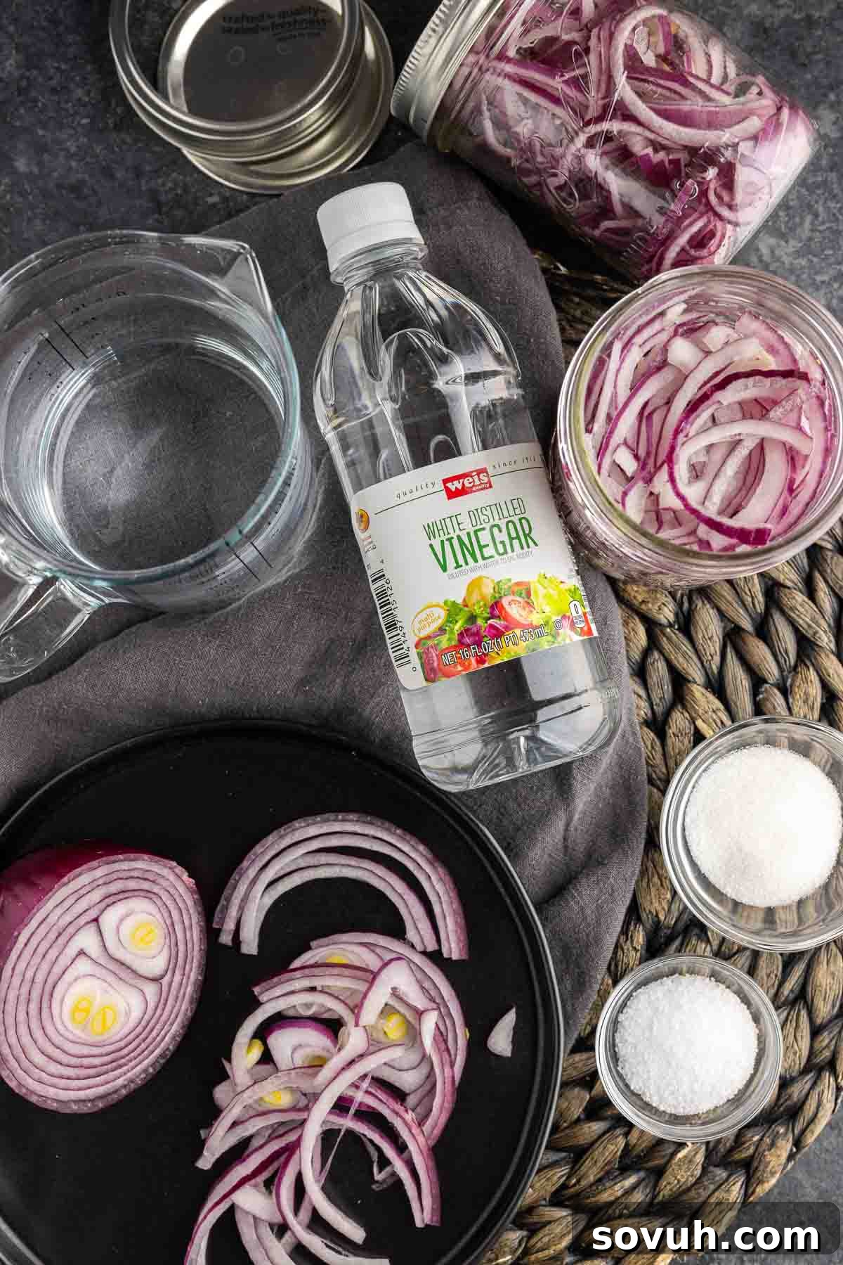 Ingredients laid out for making Pickled Red Onions