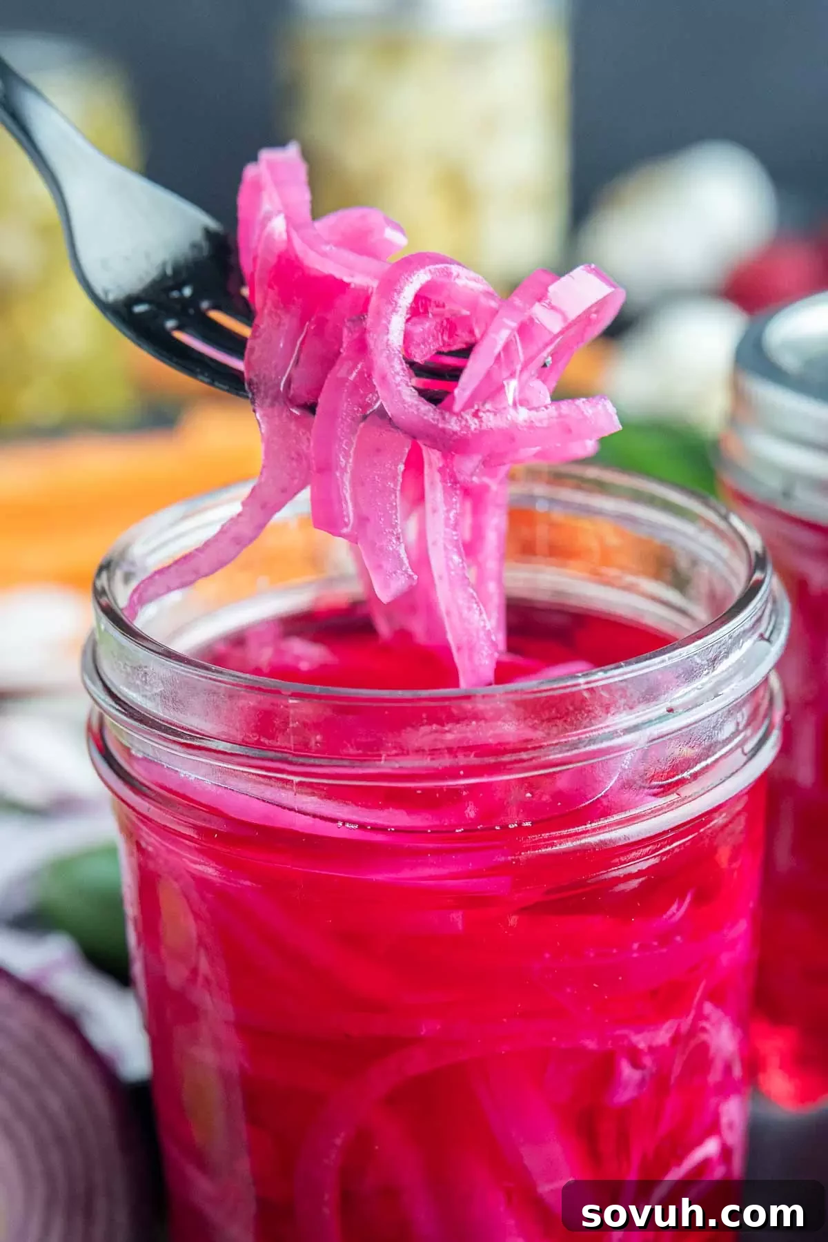 Pickled Red Onions on a black fork, ready to eat