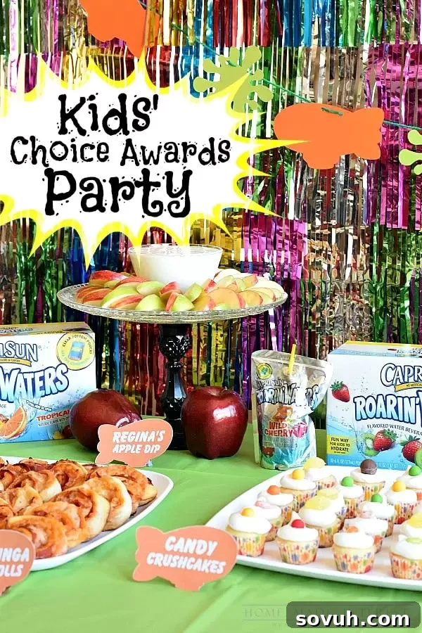 A vibrant display of party snacks and Capri Sun Roarin' Waters, perfect for a Nickelodeon Kids' Choice Awards Party, featuring themed elements like SpongeBob and Teenage Mutant Ninja Turtles.