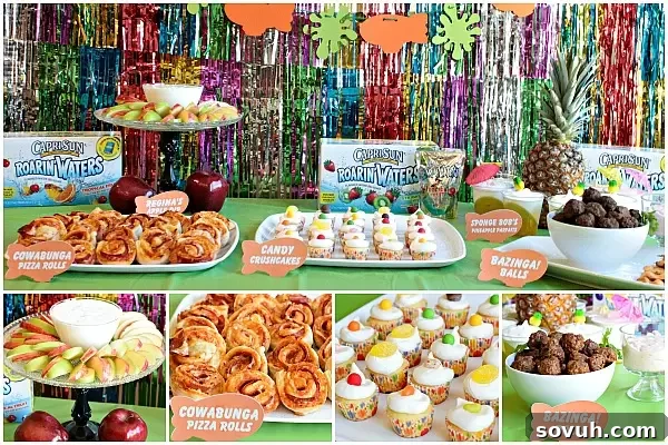 A close-up of the Kids' Choice Awards party food table, featuring a variety of creatively themed dishes like Regina's Apple Dip and SpongeBob's Pineapple Parfaits.