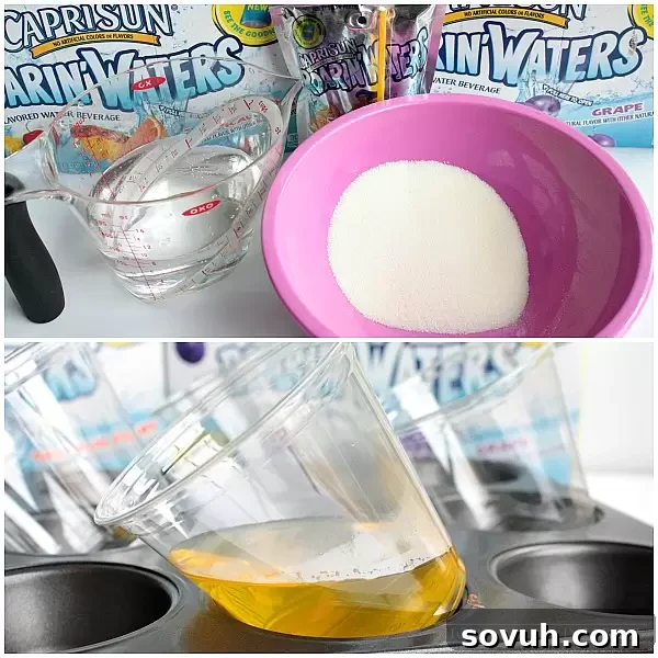 Step-by-step process of making SpongeBob's Pineapple Parfaits with slanted Jell-O layers using Capri Sun Roarin' Waters.