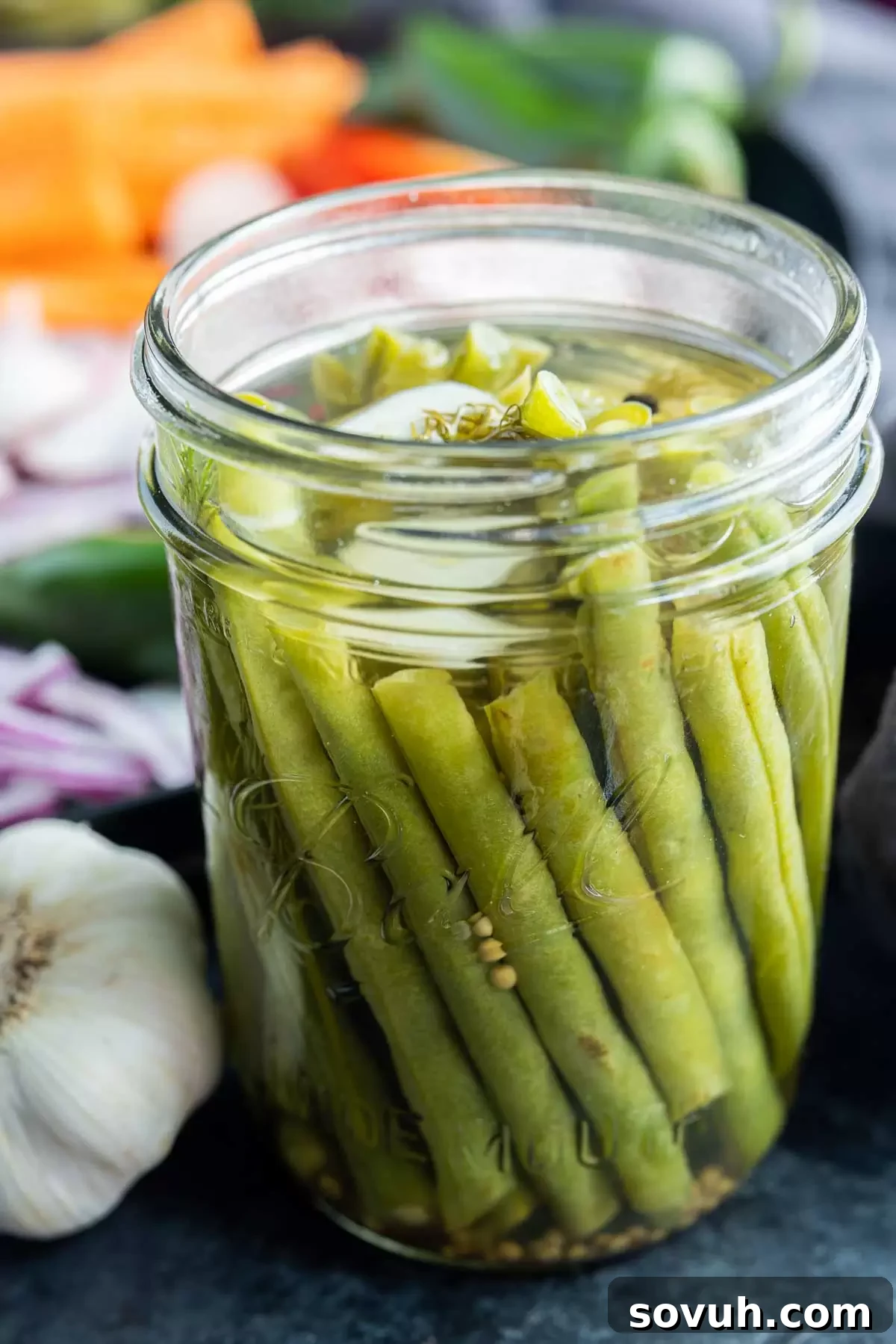 jar of Pickled Green Beans and garlic