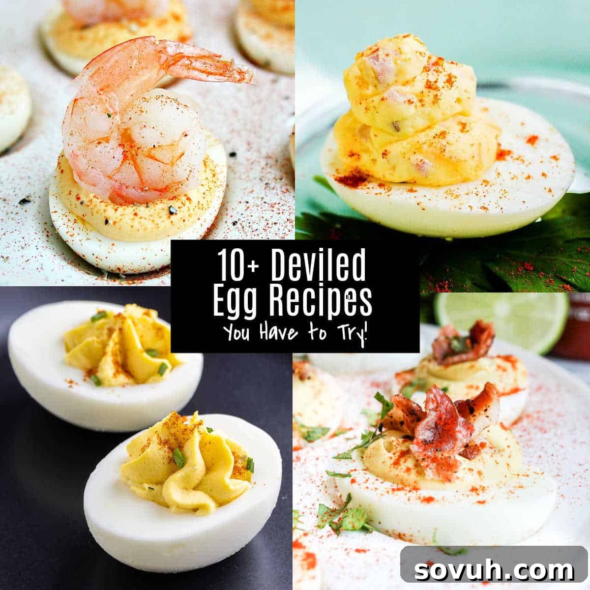 Collage of various deviled egg recipes including classic, spicy, and creative toppings