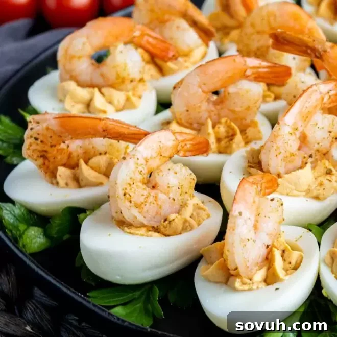 Close up of shrimp cocktail deviled eggs on a plate