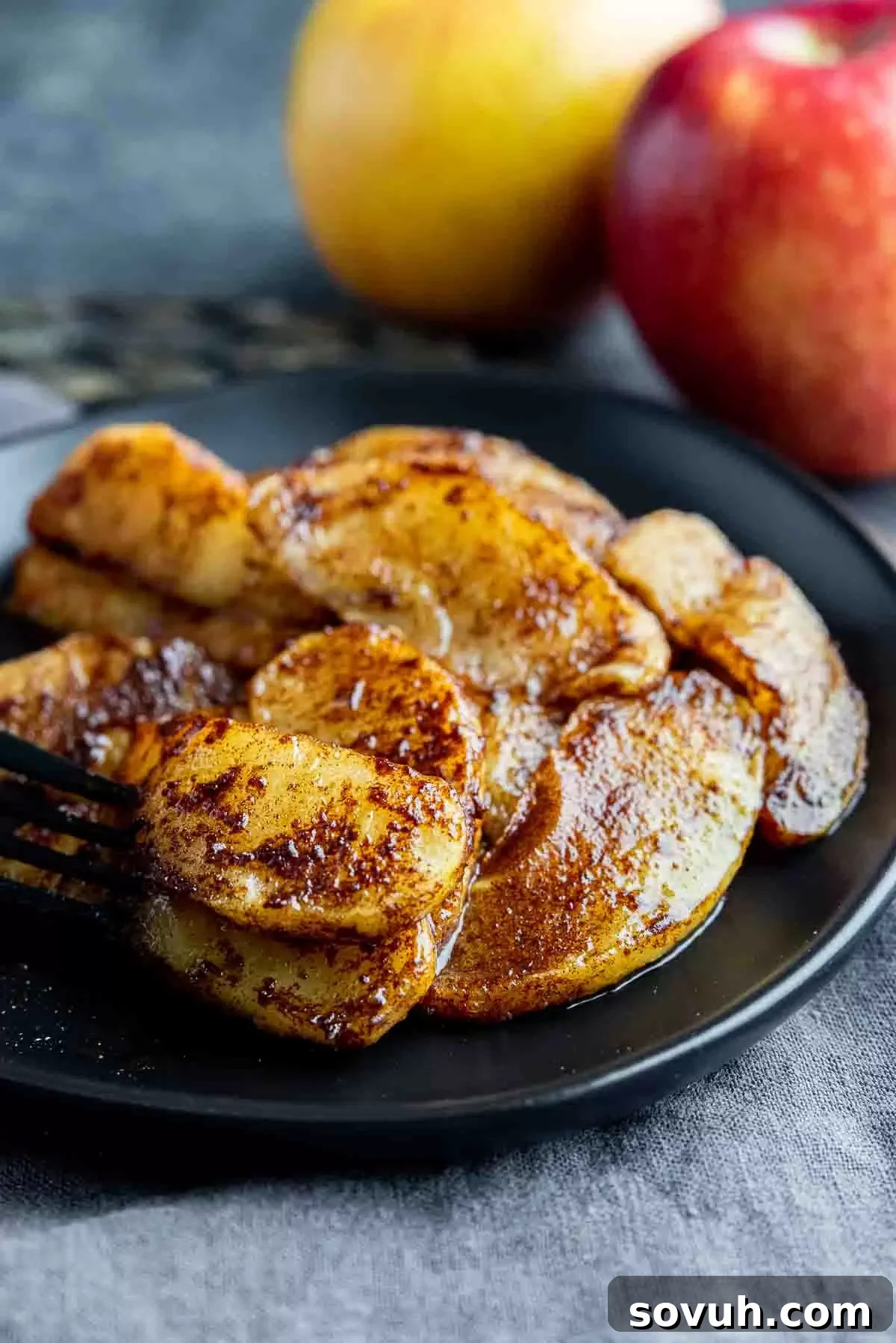 A plate of warm, cinnamon-sugar Air Fryer Baked Apple Slices, garnished with a fresh apple wedge.