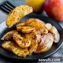 Air Fryer Baked Apple Slices on a black fork, showing the warm, spiced texture.