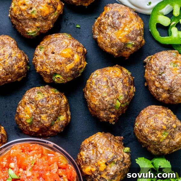 Delicious Mexican Keto Meatballs with cheese, jalapenos, and spices, perfect for a low-carb Cinco de Mayo appetizer.